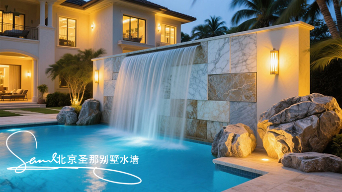 jimeng-2025-06-20-7537-這是一別墅處戶外大理石制作的平板水墻景觀。水墻由多種平面石板組成漂亮的效果。水從....jpeg