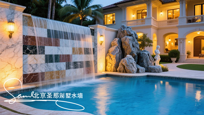 jimeng-2025-06-20-8482-這是一別墅處戶外大理石制作的平板水墻景觀。水墻由多種平面石板組成漂亮的效果。水從....jpeg